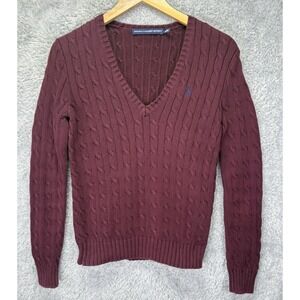 Ralph Lauren Sport Womens M Burgundy Cable Knit V Neck Sweater 100% Cotton